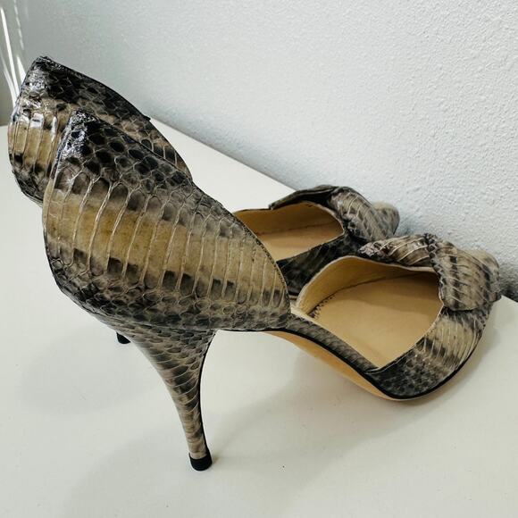 Oscar de la Renta Leather Snakeskin Front Bow Pointed Toe Heel 37 / 6.5 - Picture 11 of 14